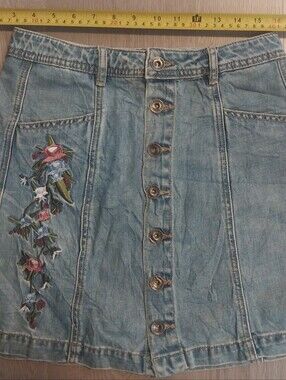 Denim Skirt Button-Front with Floral Embroidery - Light Blue